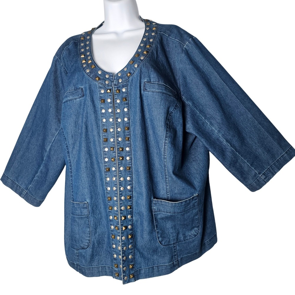 AMX Denim Jacket Studded‎ Embellished Collar 3/4 Sleeve Women's Plus 2X Western